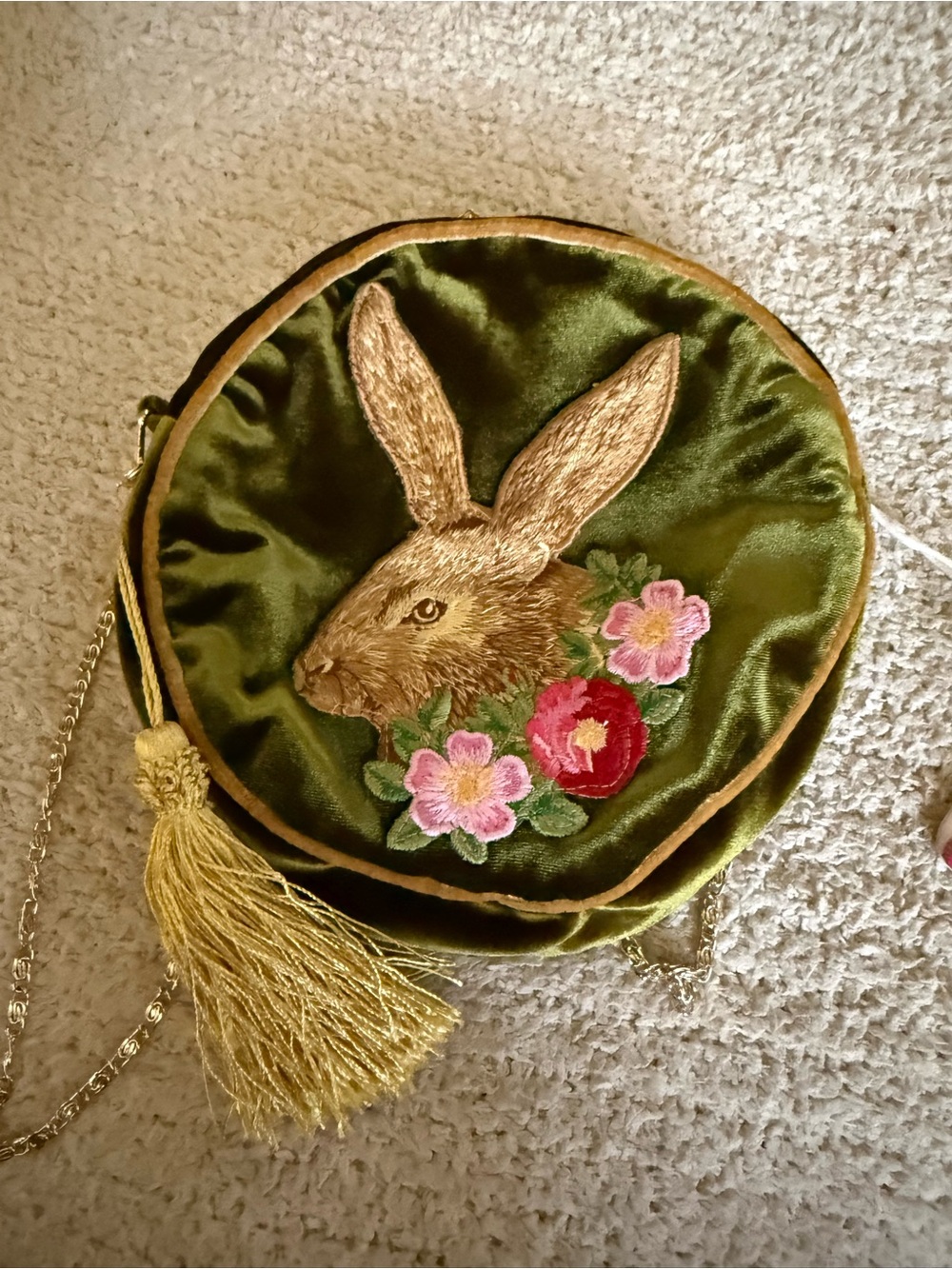 Unlogical Poem Green Velvet Rabbit Embroidered Crossbody Bag w/Tassel NWT- RARE